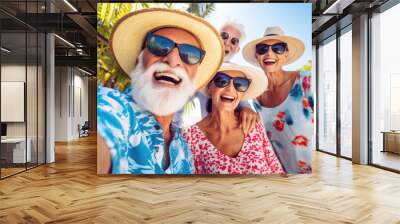 Happy group of senior people taking selfie and smiling at the camera on summer vacation. Pensioners traveling and having fun together on summer holiday Wall mural