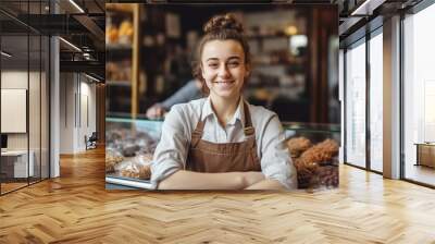 Happy small pastry shop owner, smiling proudly at her store. Cheerful female baker working at her shop Wall mural