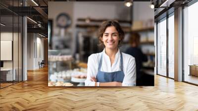 Happy small pastry shop owner, smiling proudly at her store. Cheerful female baker working at her shop Wall mural