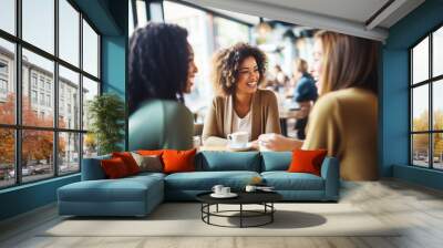 Happy smiling female friends sitting in a café laughing and talking during a lunch break Wall mural