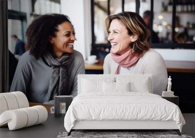 Happy smiling middle aged female friends sitting in a café laughing and talking during a lunch break Wall mural