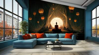 Happy Vesak Day, Buddha day. Buddha against the night sky with Chinese lanterns. Silhouette of the Buddha in the lotus position against the background of light and candles AI Wall mural