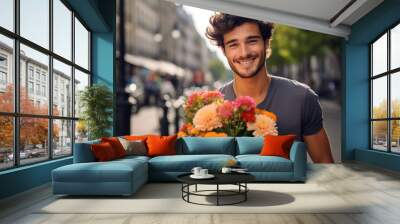 Happy young man holding a flower bouquet in his hands, going to a romantic date in Paris Wall mural