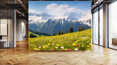 Idyllic mountain landscape in the Alps with blooming meadows in springtime. Generative Ai Wall mural