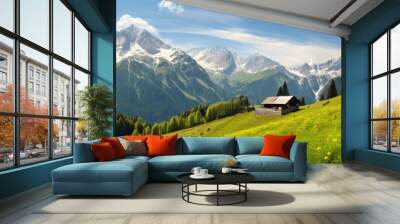 Idyllic mountain landscape in the Alps with blooming meadows in springtime. Generative Ai Wall mural