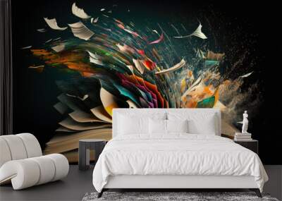 Magic books fly . AI generated art illustration. Wall mural