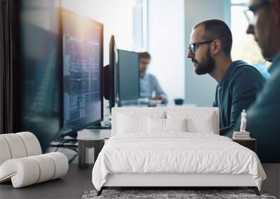 Man at computer, software developer working on coding script or cyber security in bright modern office Wall mural