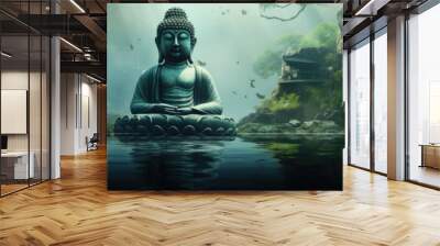 Medtitative Zen buddha statue on water backgorund. Wall mural