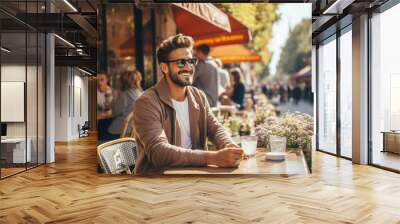 Portrait of a attractive hipster man sitting in the city street cafe Wall mural