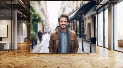 Portrait of a attractive smiling man standing on the city street in Paris	 Wall mural