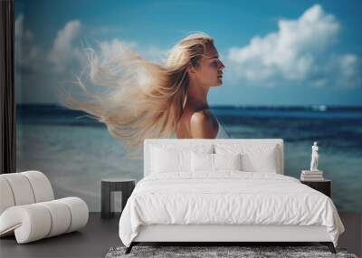 Portrait of a beautiful woman standing on the beach and feeling the breeze AI generative art Wall mural