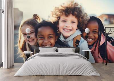 Portrait of a group of children going back to school . Child wearing a backpack ready for the first day of kindergarten Wall mural