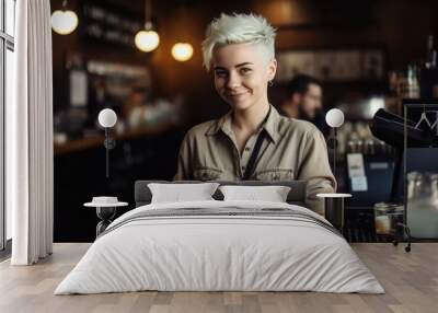 Portrait of a happy and smiling female waiter, or small business owner in the coffee shop.   Wall mural