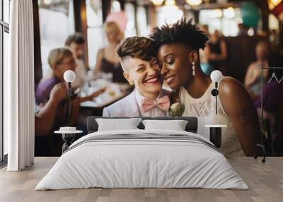 Portrait of a happy smiling lesbian couple celebrating their wedding. Diversity, sexual equality, and same-sex marriage concept Wall mural