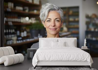 Portrait of a smiling senior black woman, healthy food store owner Wall mural