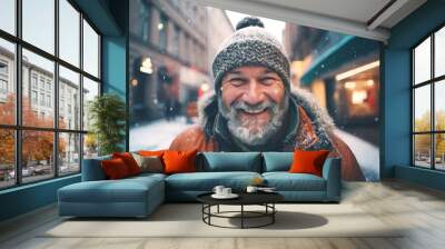 Portrait of a smiling  senior man standing on the city street in Stockholm Wall mural