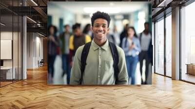 Portrait of a young happy African American teenage boy in school. Study and education concept. Wall mural