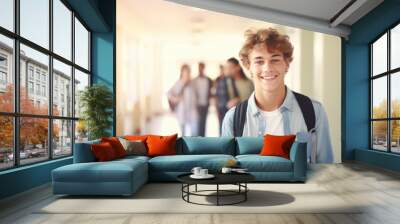 Portrait of a young happy teenage boy in school. Study and education concept. Wall mural