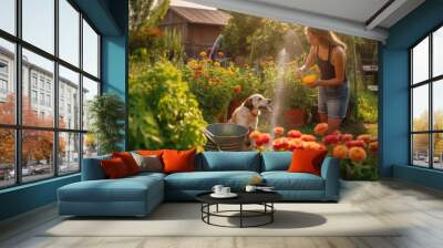 Portrait of a young woman with dog in a biodynamic garden. Self-sustaining concept of living in nature and community of more people AI generated art Wall mural