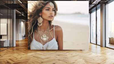 Portrait of beautiful woman standing on the beach, wearing stylish boho dress and jewlery Wall mural