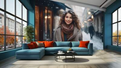 Portrait of beautiful young happy woman in winter clothes at street Christmas market in Paris. Real people Wall mural