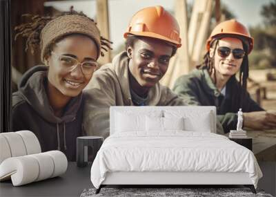 Portrait of three young multiracial smiling peole, working on construction of a wooden house from sustainable materials outdoors, Generative ai Wall mural