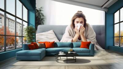 Portrait of young woman blowing her nose, she has a sneeze and she is at home. Wall mural