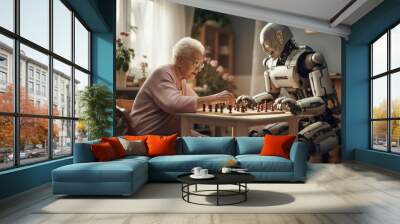 Robot caregiver takes care and playing chess with elderly retired old woman at home Wall mural