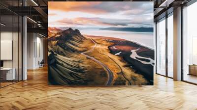 Scenic road in Iceland, beautiful nature landscape aerial panorama, mountains and coast at sunset, nordic Wall mural