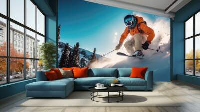 Skier skiing downhill in high mountains Wall mural