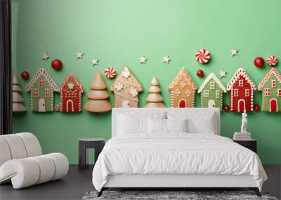 Christmas cookies in shaper of house, christmas tree, and candy aligned in nice lines, against pastel green background. Generative AI. Wall mural