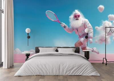 Creative Illustration of aged gentleman with a gray beard donning a futuristic white Santa Claus suit, gripping a tennis racket and playing tennis on pink tennis court. Generative AI. Wall mural