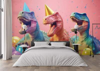 Illustrated dinosaurs party concept, small cute dinosaurs with birthday cap having fun, confetti and balloons on pastel background. Party animal. Illustration, Generative AI. Wall mural