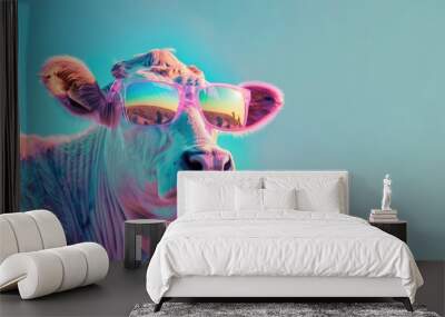 The cow with sunglasses is enjoying a sunny day. Wall mural