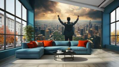 Successful businessman raising his arms like a winner standing on roof of office building with city view. Concept of business success and victory.  Wall mural