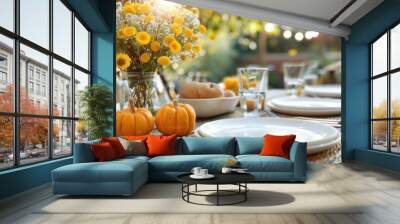 Thanksgiving table setting outdoors with pumpkins and candles. Autumn home decoration Wall mural