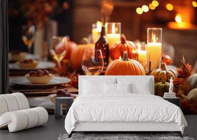 Thanksgiving table setting with pumpkins and candles. Autumn home decoration. Wall mural