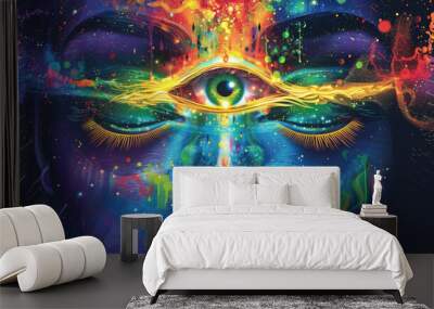 Third eye is on woman's forehead, symbol of spirituality, spiritual awakening, mindfulness, meditation and healing Wall mural