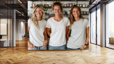 Three beautiful young women wearing bella canvas white t shirt and jeans, at cafe. Design t shirt template, print presentation mockup Wall mural