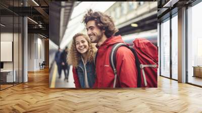 Two young backpackers are on Amsterdam train station Wall mural