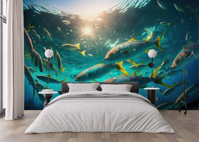 Underwater wild world. Tropical fishes. Image created with Generative AI technology. Wall mural