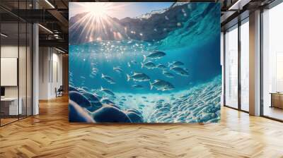 Underwater wild world. Tropical fishes. Image created with Generative AI technology. Wall mural