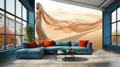 Woman in a long dress walking in the desert with flowing fabric in the wind Wall mural