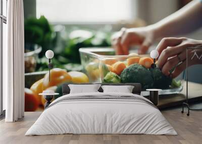 Woman putting cut fruit and vegetable into box and containers,  closeup. Generative AI. Wall mural