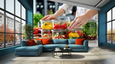 Woman putting cut fruit and vegetable into glass containers, closeup Wall mural