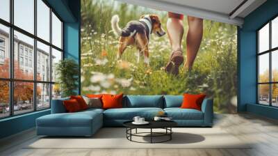 Woman walking  outdoors with her dog Wall mural