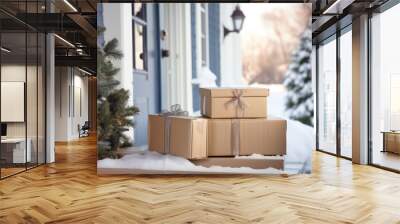 Xmas gift delivery concept with parcel boxes near front door Wall mural