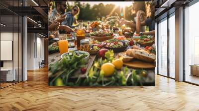 Young and happy people having festive lunch at the beautifully decorated table with healthy food in the garden Wall mural