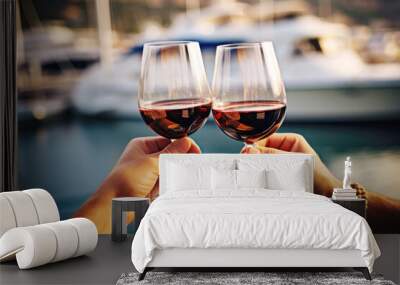 Young couple toasting with a glasses of red wine on a luxury yacht close up Wall mural