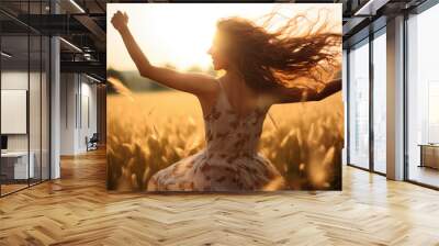 Young woman feeling relieved in beautiful nature, enjoying the summer, dancing with opened arms on the wind Wall mural